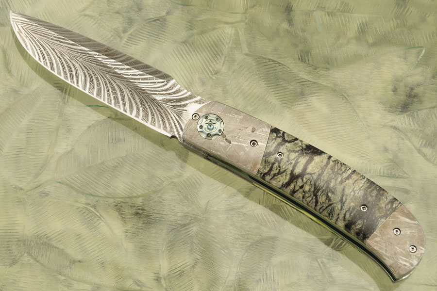 LL-H Front Flipper with Feather Damascus, Meteorite, and Moss Agate (Ceramic IKBS)