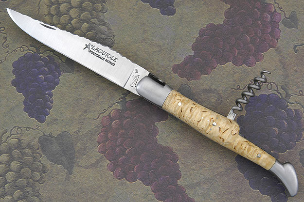 Laguiole Guilloché Picnic Knife with Corkscrew, Curly Birch