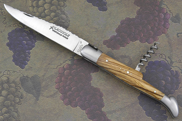 Laguiole Guilloché Picnic Knife with Corkscrew, Olive Wood