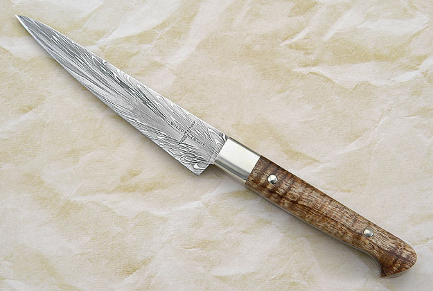 Utility Knife with Feather Pattern Damascus and Curly Koa