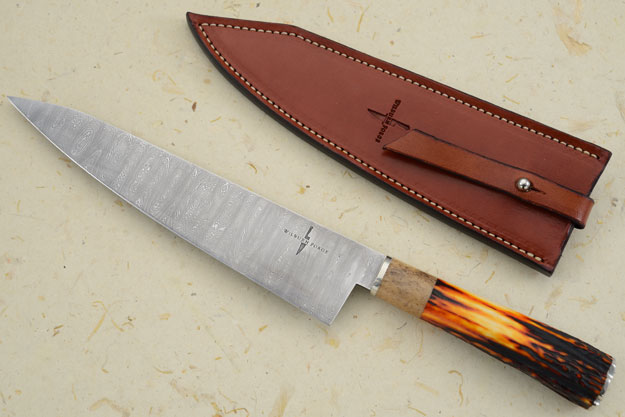 Damascus Chef's Knife with Amber Stag and Oosic (9 inches)