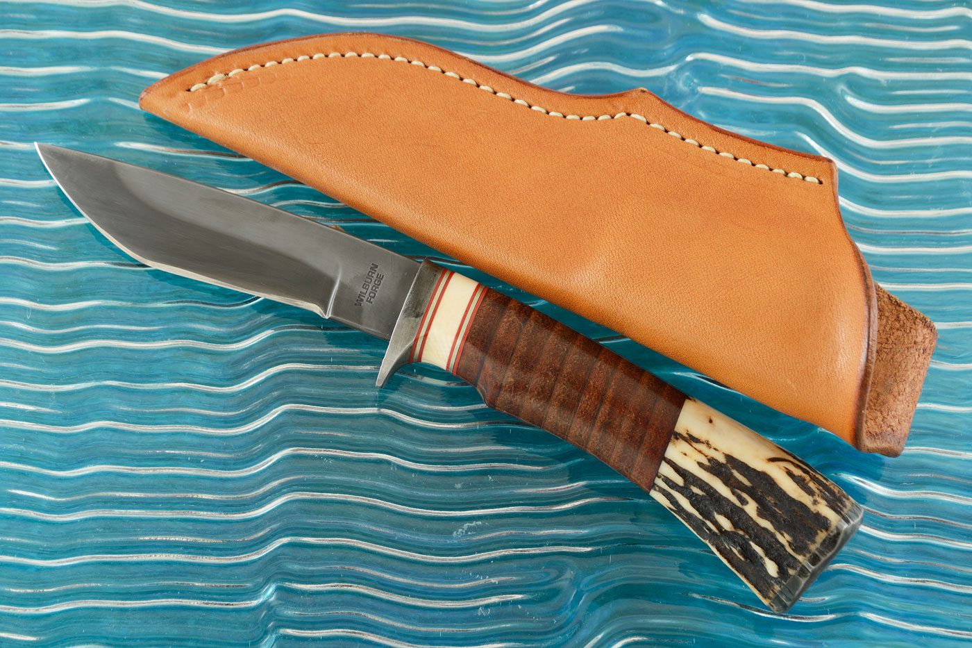 Utility Knife with Stag and Stacked Leather