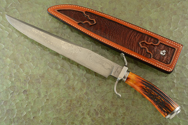 Damascus Bowie with Amber Stag