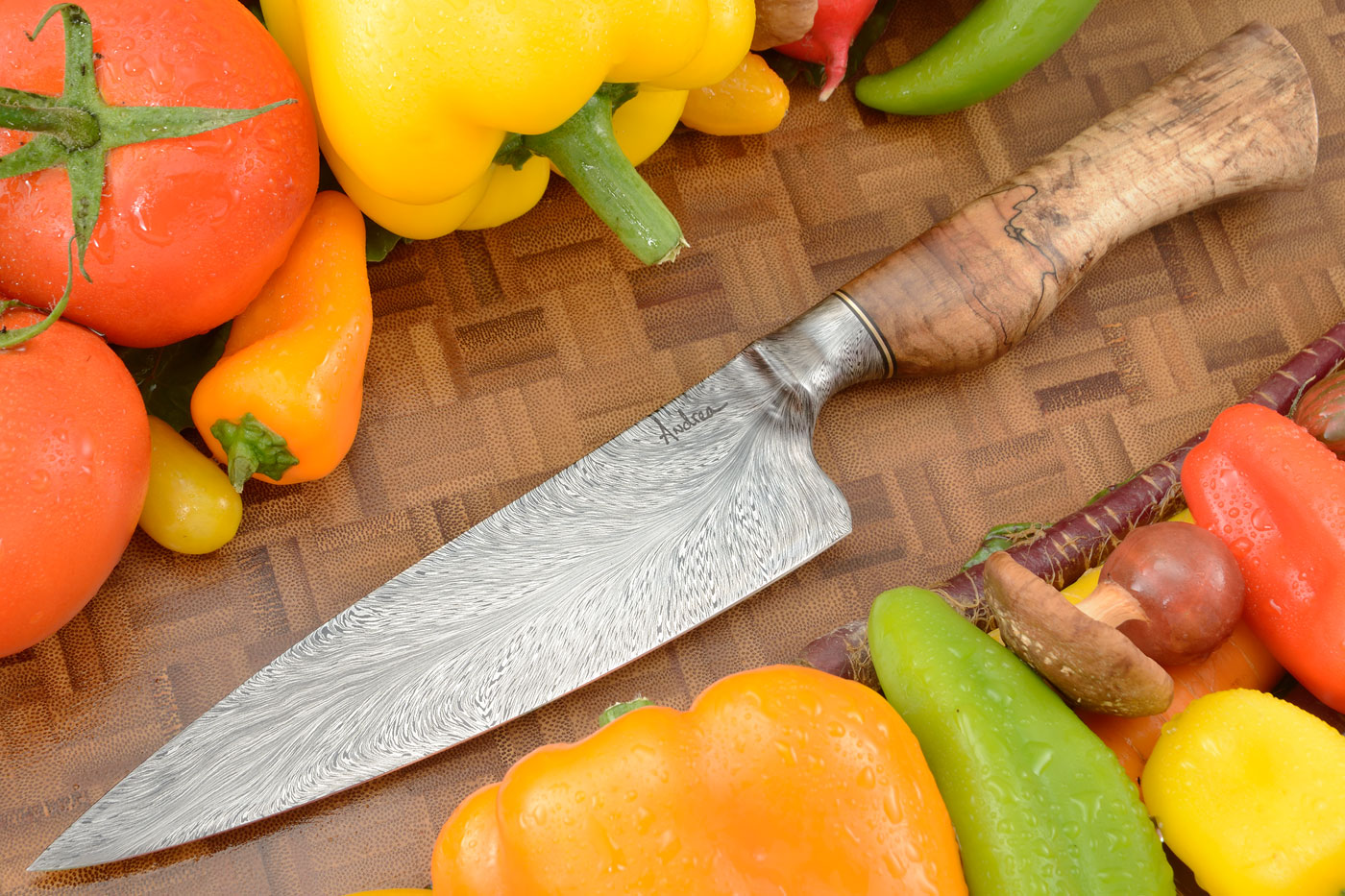 Chef's Knife (6-3/4 in.) with Integral Fine Feather Damascus and Spalted Maple