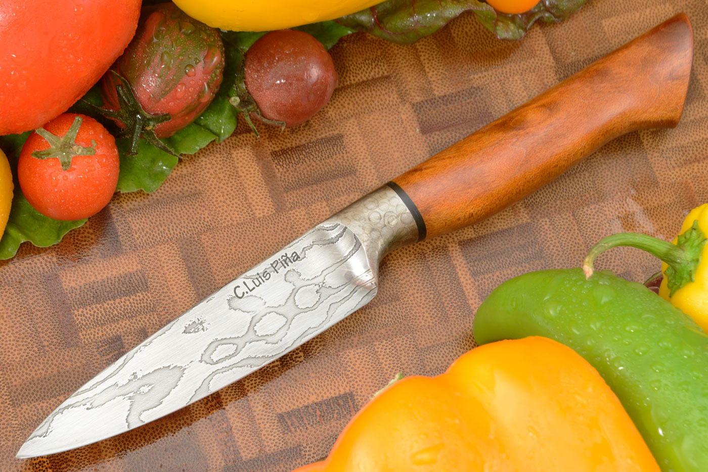 Damascus Paring Knife with Quilted Maple