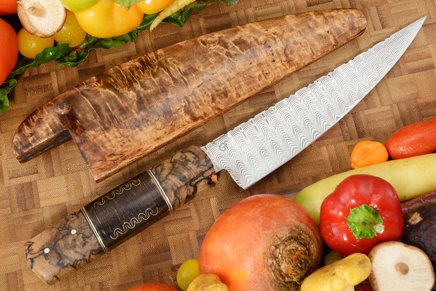 Damascus Slicing Knife with Spalted Birch