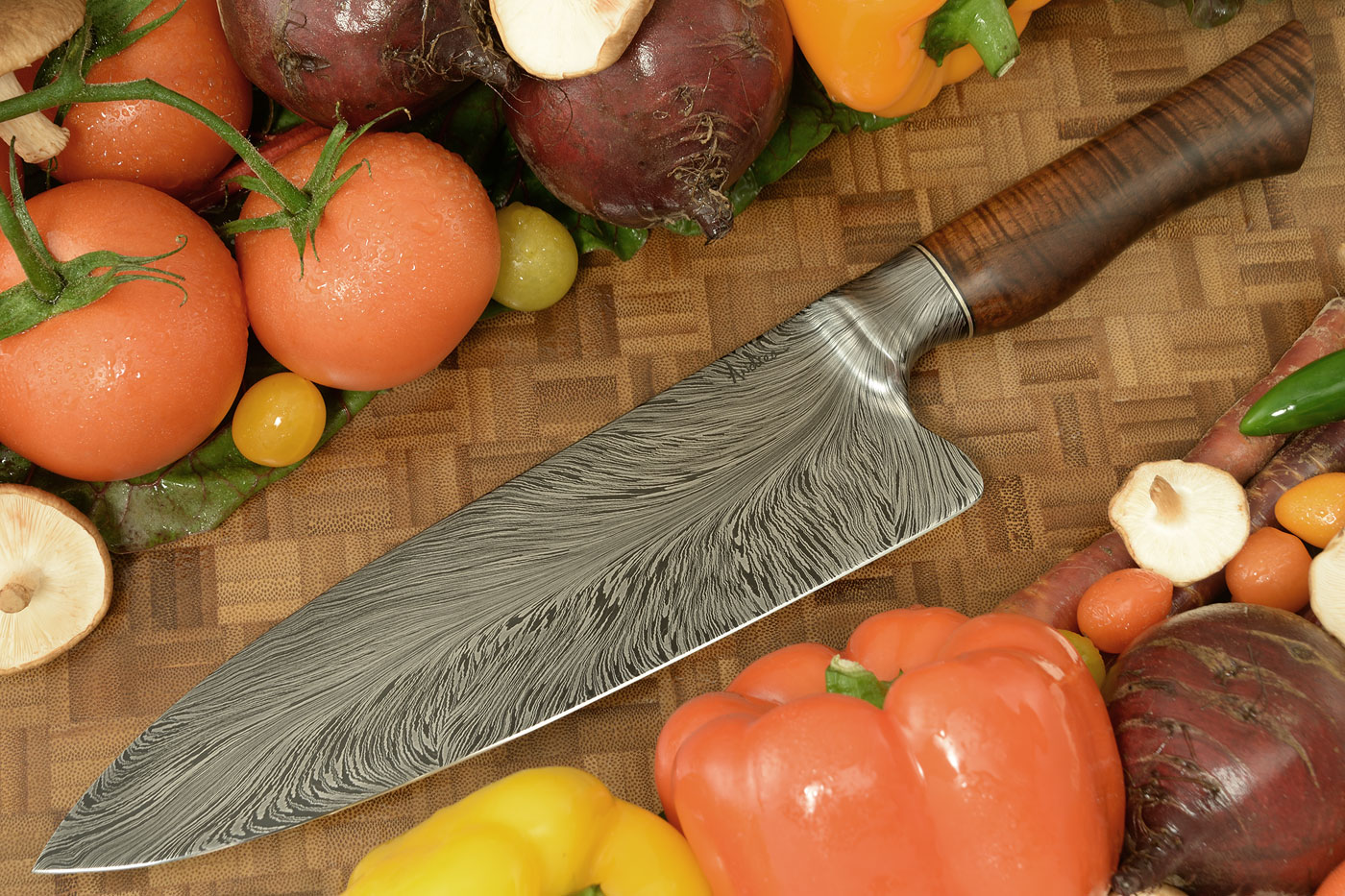 Integral Chef's Knife (8-3/4 in.) with Feather Damascus and Curly Koa
