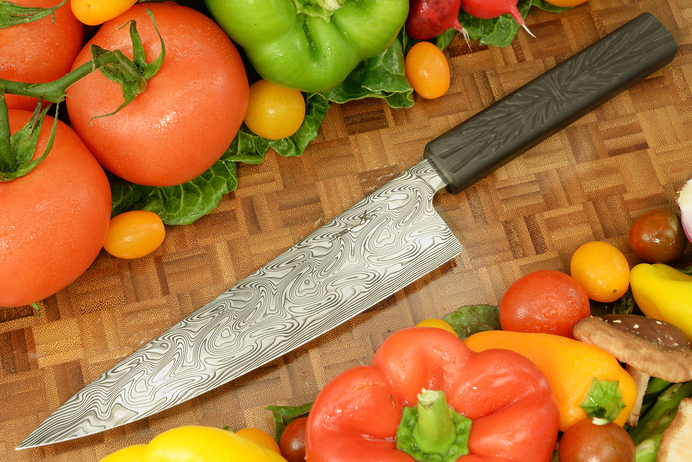 Damascus Chef's Knife (Gyuto) with Black Chatoyant FatCarbon, 8 Inch