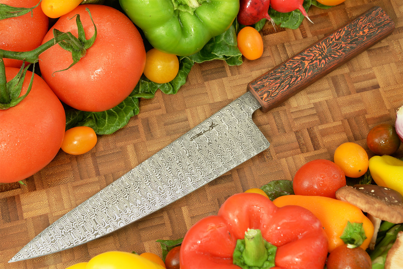 Damascus Chef's Knife (Gyuto) with Red FatCarbon, 8 Inch