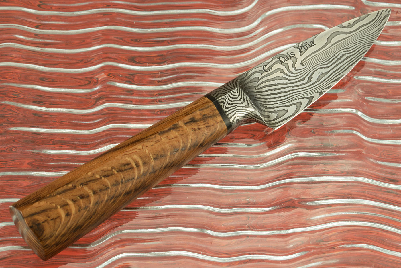 Integral Damascus Paring Knife with Crosscut Oak