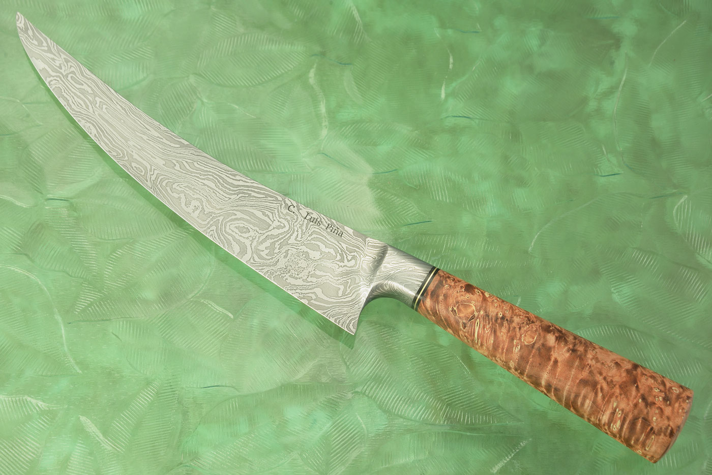 Integral Damascus Gokujo Upswept Boning Knife with Red Dyed Maple Burl