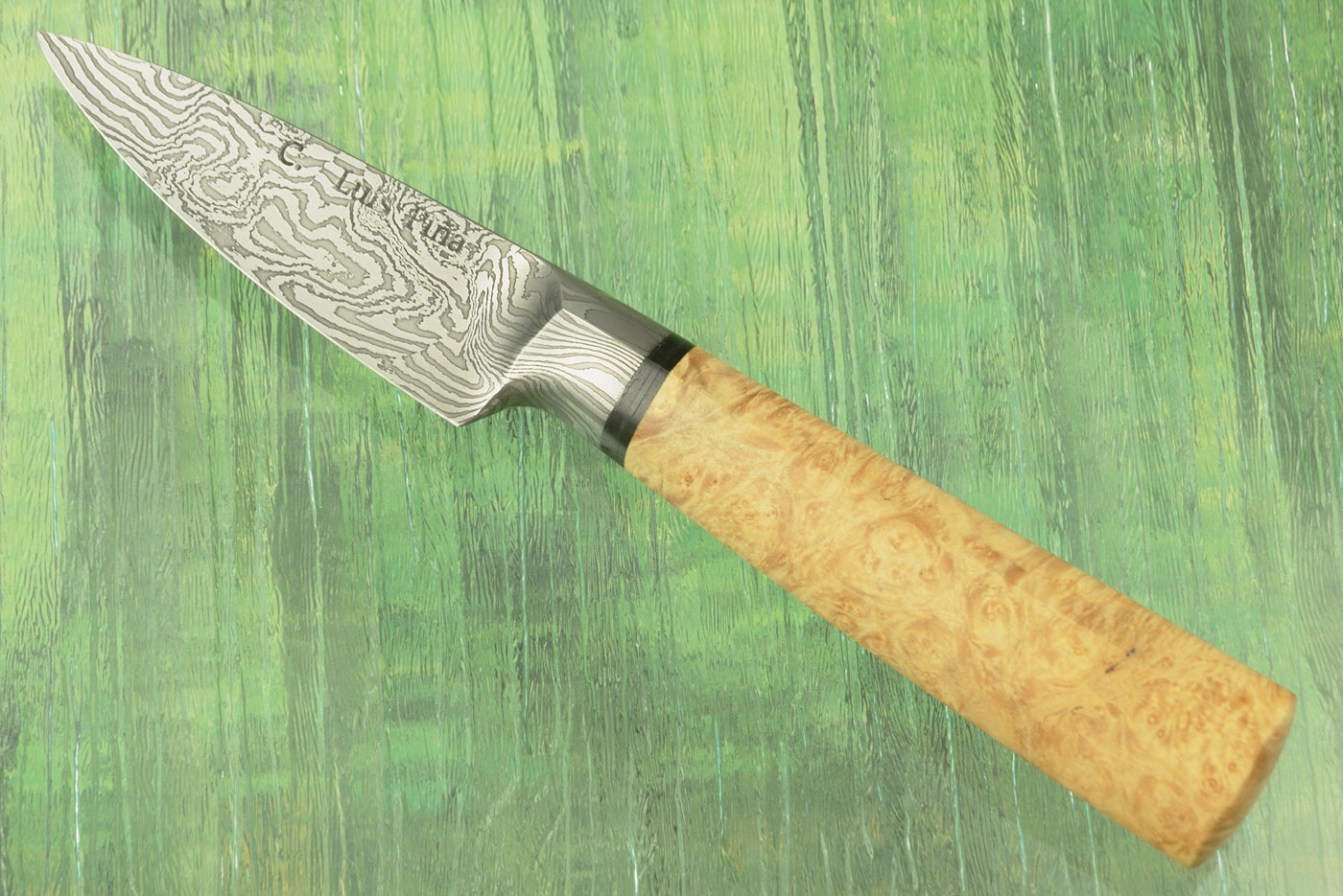 Integral Damascus Paring Knife with Maple Burl - Left Handed