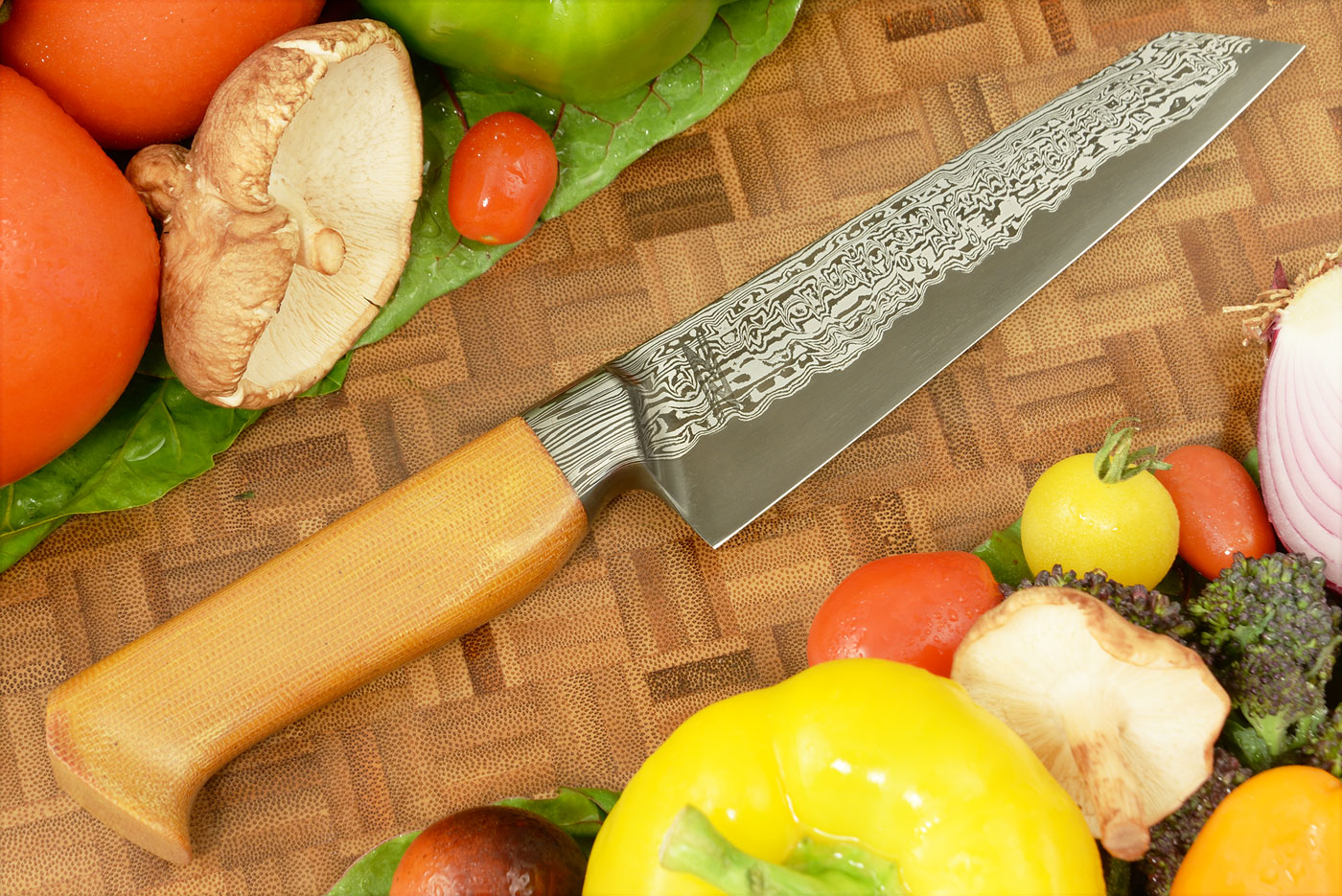 San Mai Damascus Chef's Knife - Kiritsuke Gyuto (6 in.) with Yellow Micarta