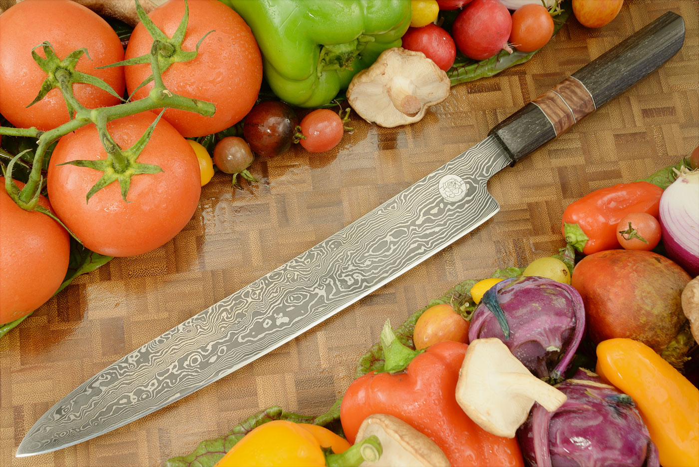 Damascus Slicing Knife/Sujihiki (10-1/2 inches) with Bog Oak and Lace Redwood