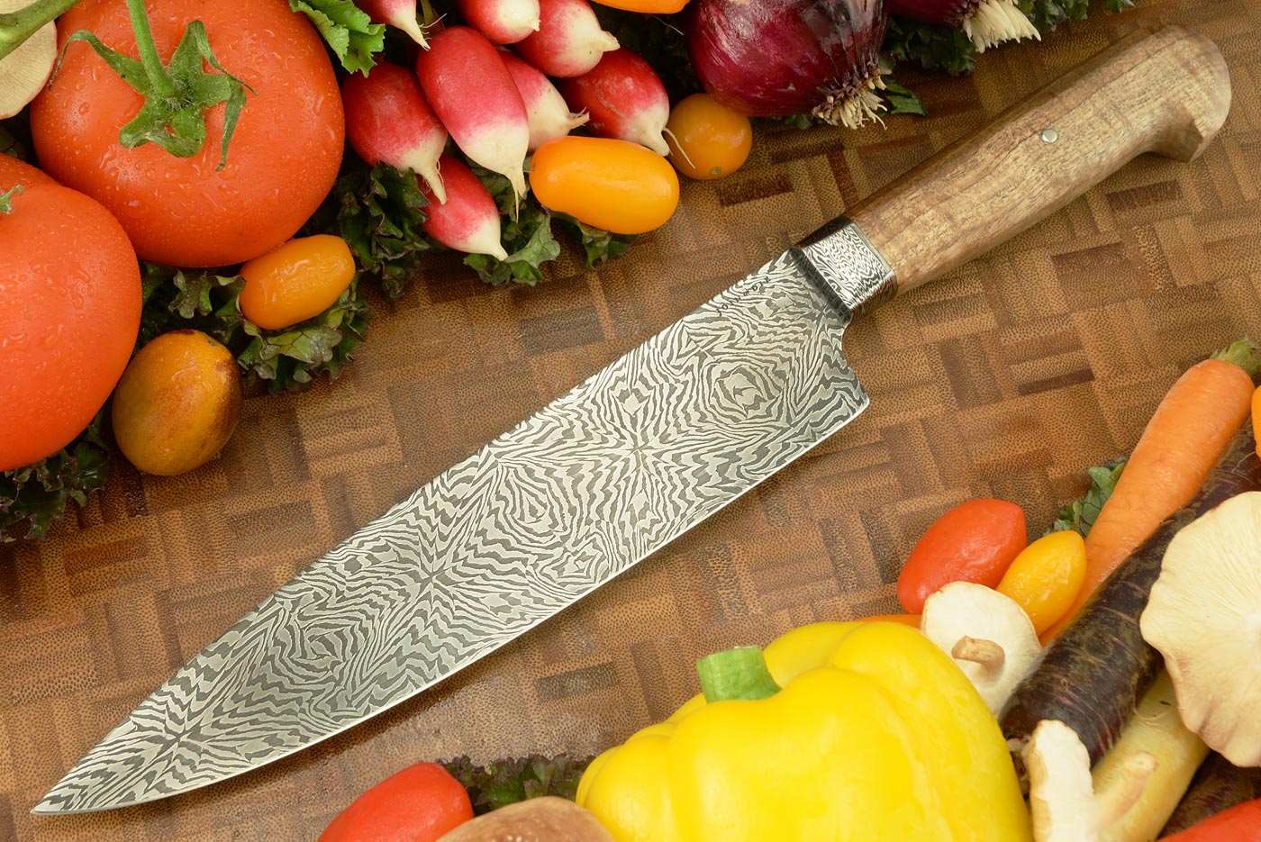 Damascus Chef's Knife with Curly Maple (8-1/2