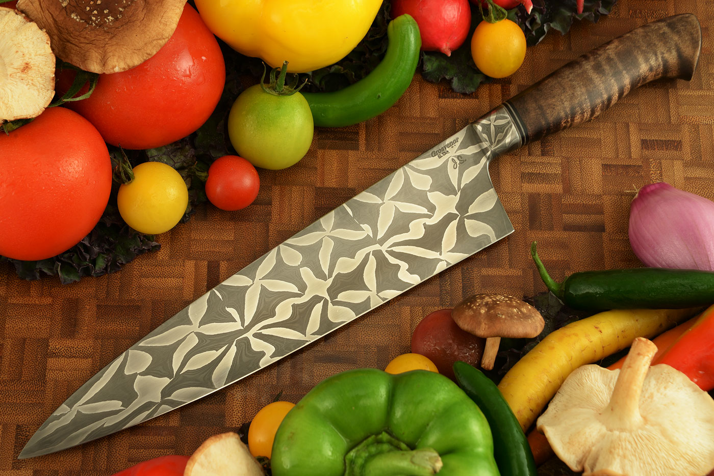 Integral Damascus Chef's Knife with Curly Maple