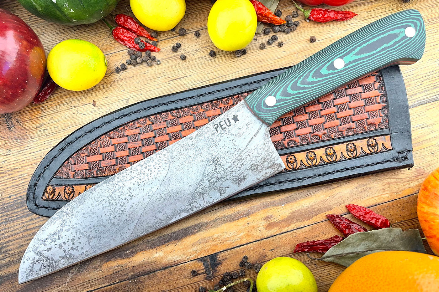 Chef's Knife (Santoku) with Green/Black Micarta and O2 Carbon Steel