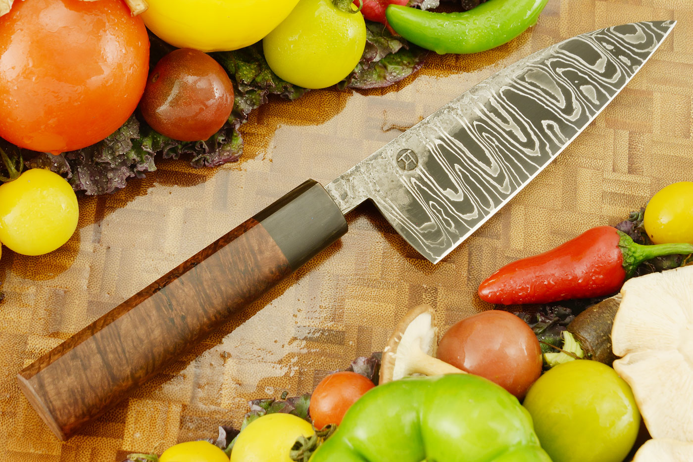 Damascus Chef's Knife (Santoku) with Redwood Burl - 6