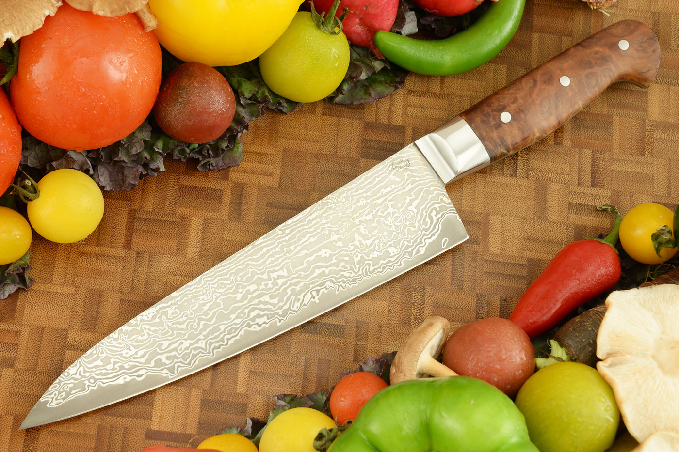 Chef's Knife (Gyuto) with Stainless Damascus San Mai and Red Morrel Burl (8 inches)