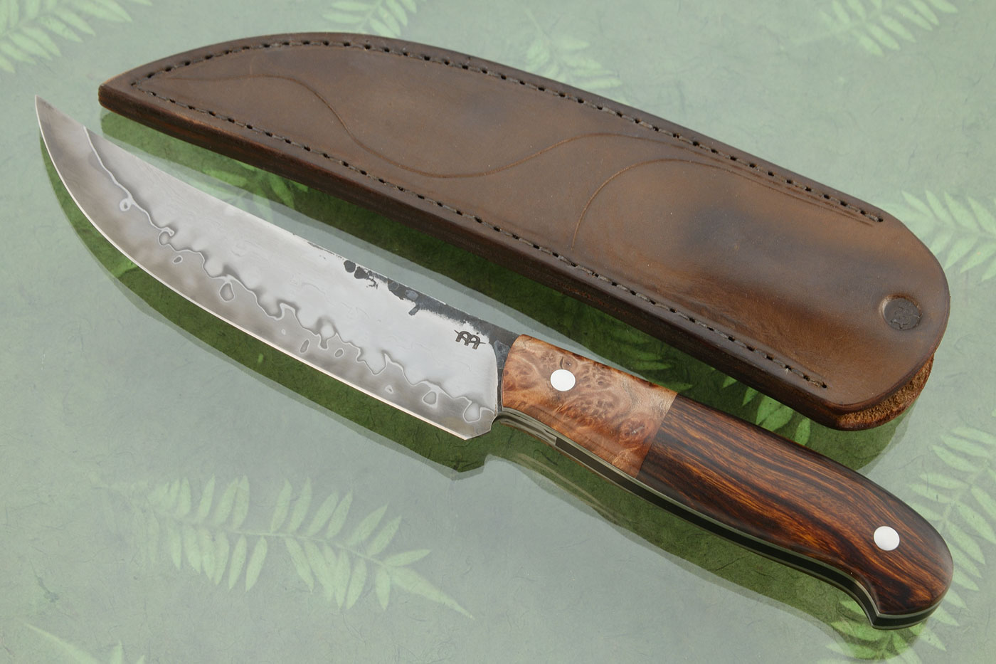 Butcher: San Mai Upswept Skinner with Ironwood and Maple Burl