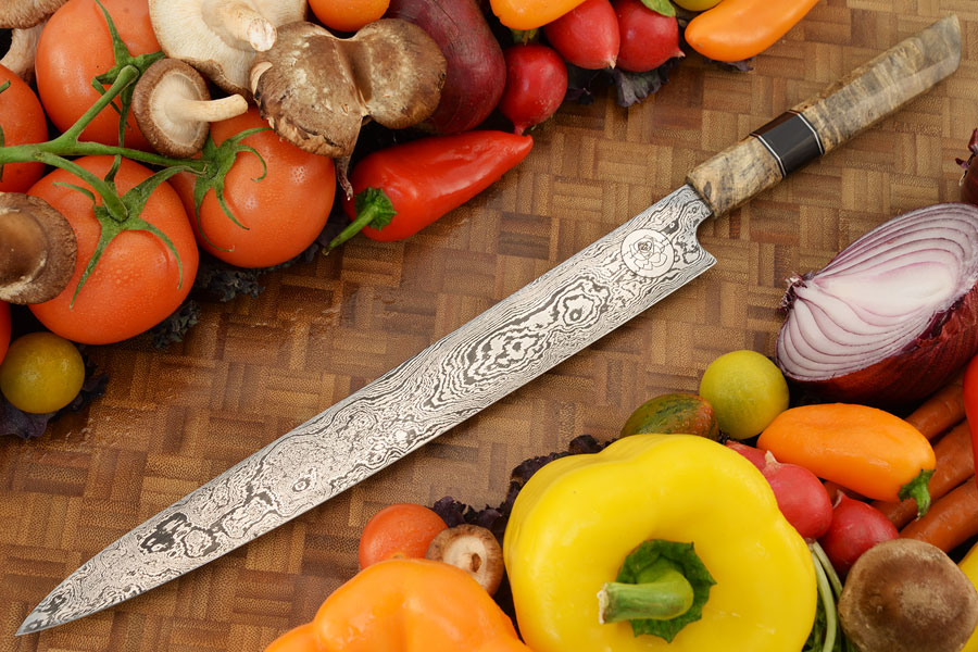 Damascus Slicing Knife/Sujihiki (11 inches) with Buckeye Burl and Buffalo Horn