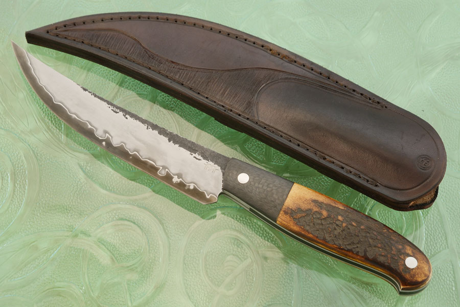 Butcher: San Mai Upswept Skinner with Stag and Carbon Fiber