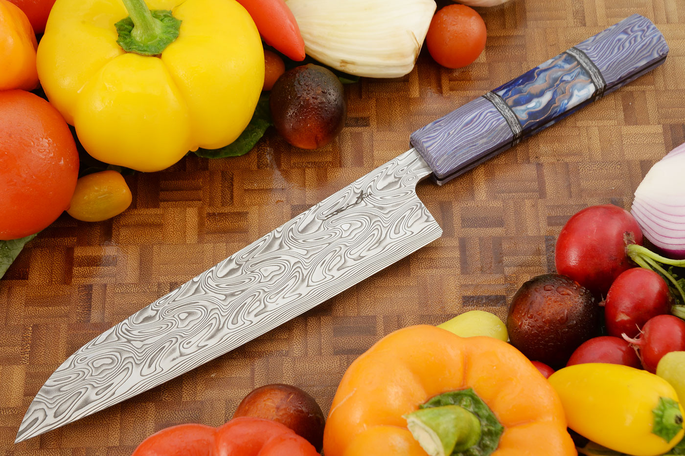 Damascus Chef's Knife (Gyuto) with Raffir and Blue/Purple Micarta, 8 Inch