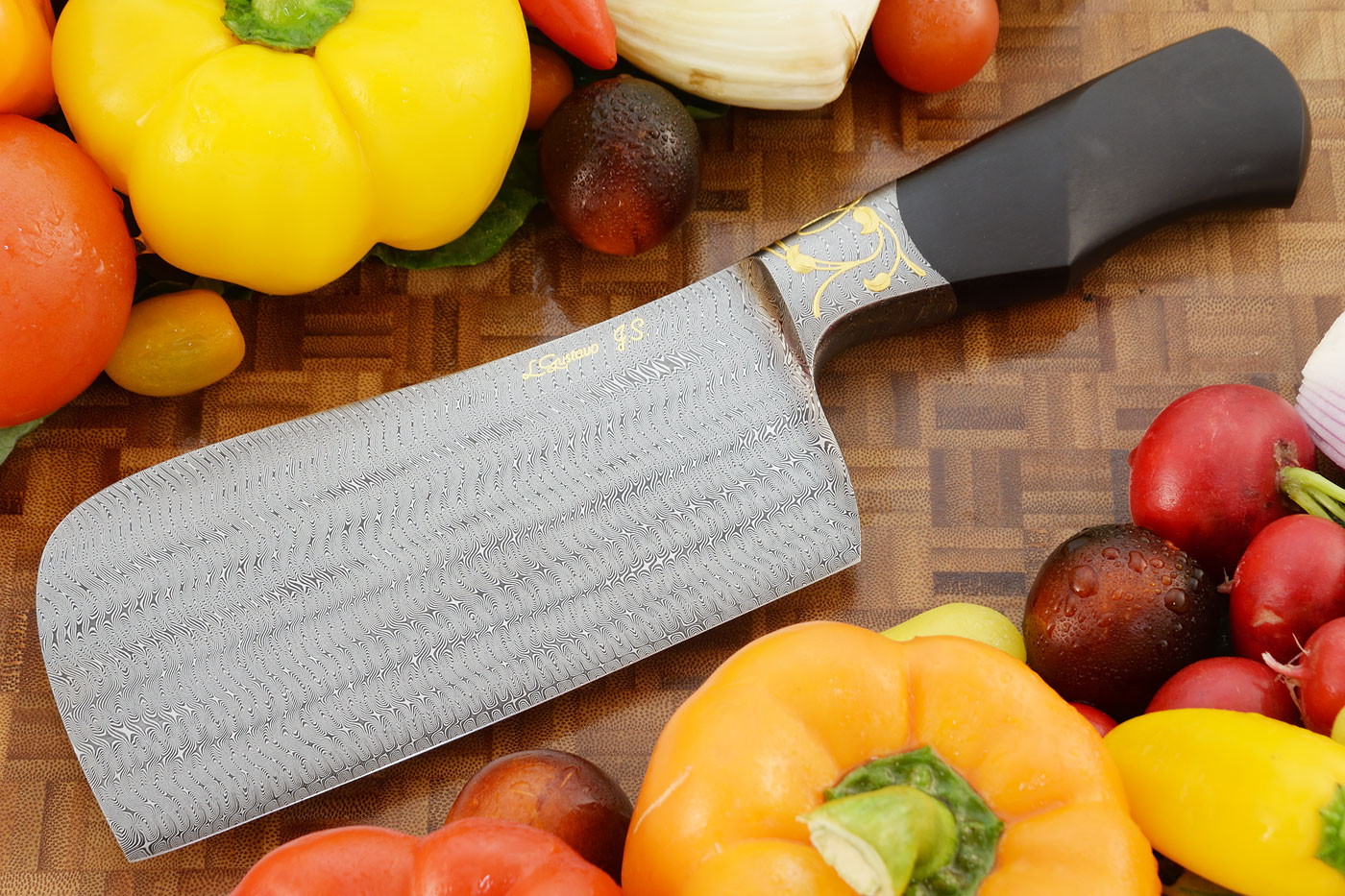 Integral Damascus Meat Cleaver with African Blackwood and Gold