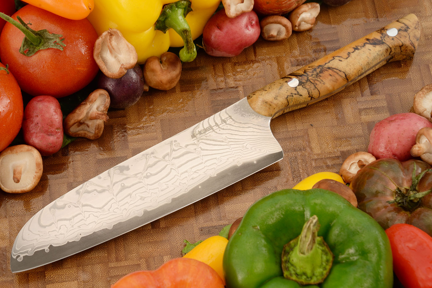 Damascus San Mai Chef's Knife - Santoku - (7-1/8 in.) with Spalted Tamarind
