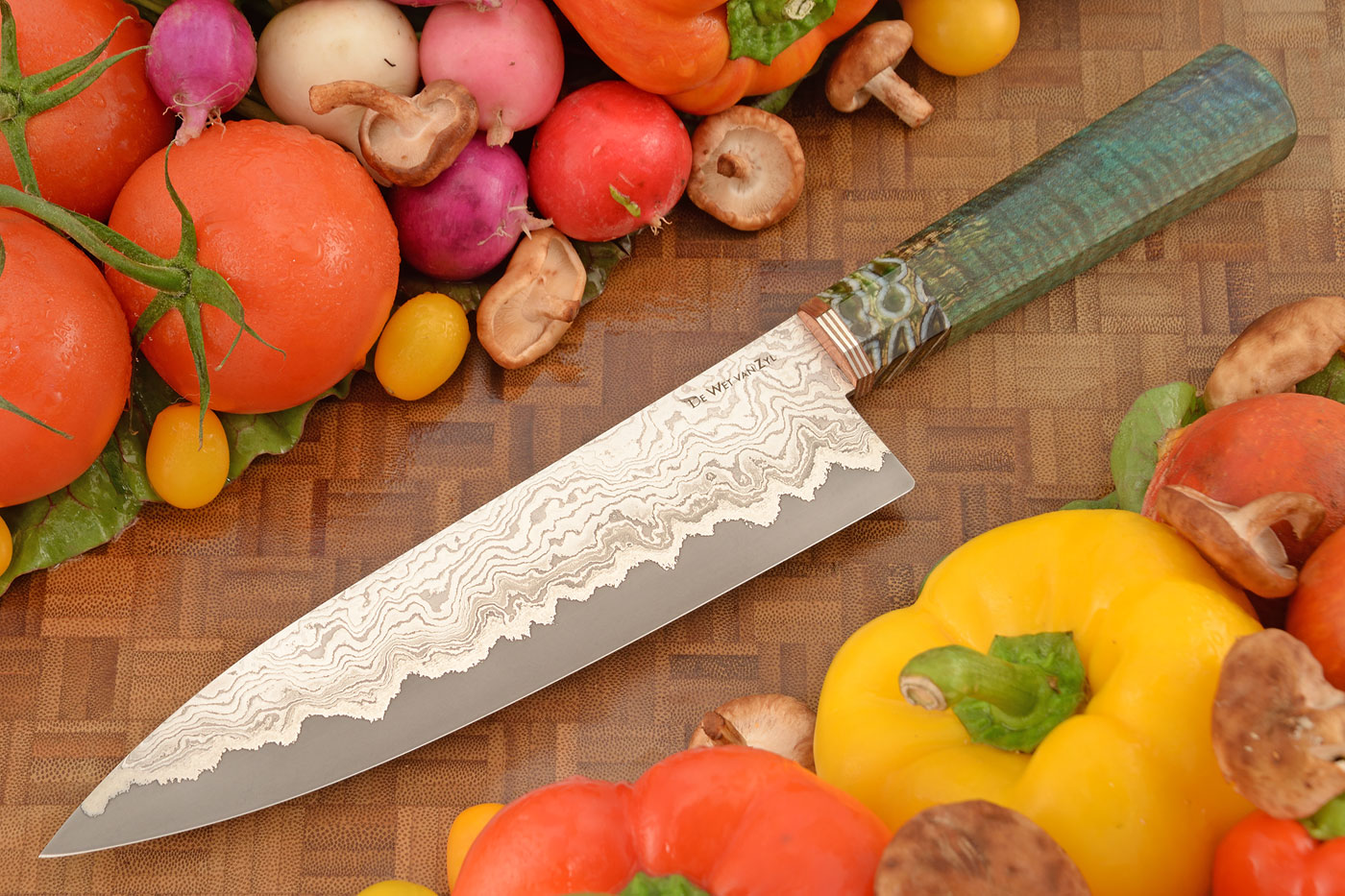 San Mai Damascus Chef with Curly Maple and Mammoth Molar