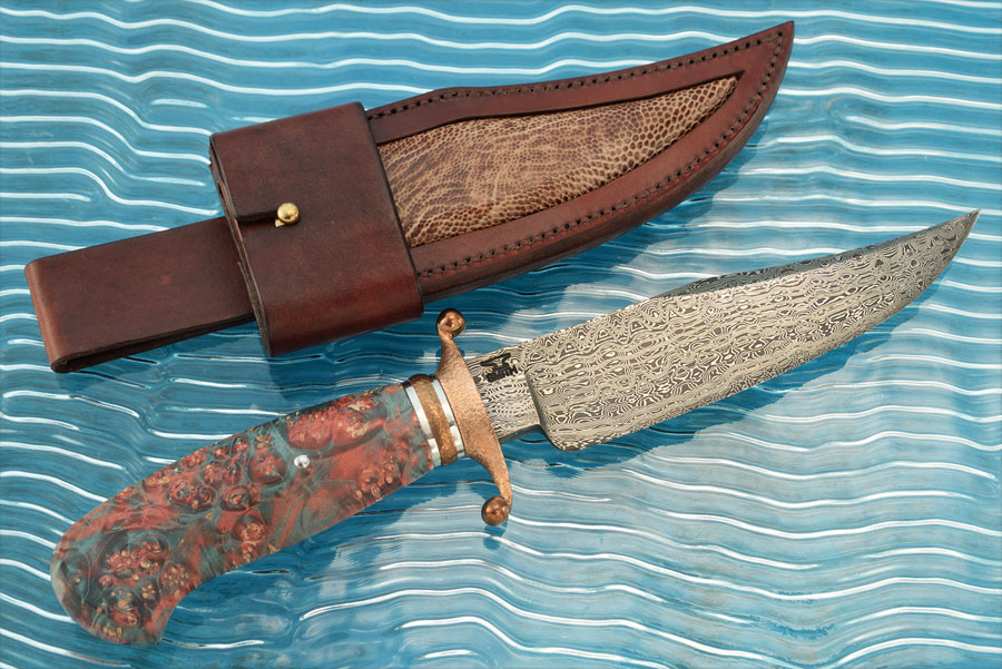 Damascus Gent's Bowie with Maple Burl