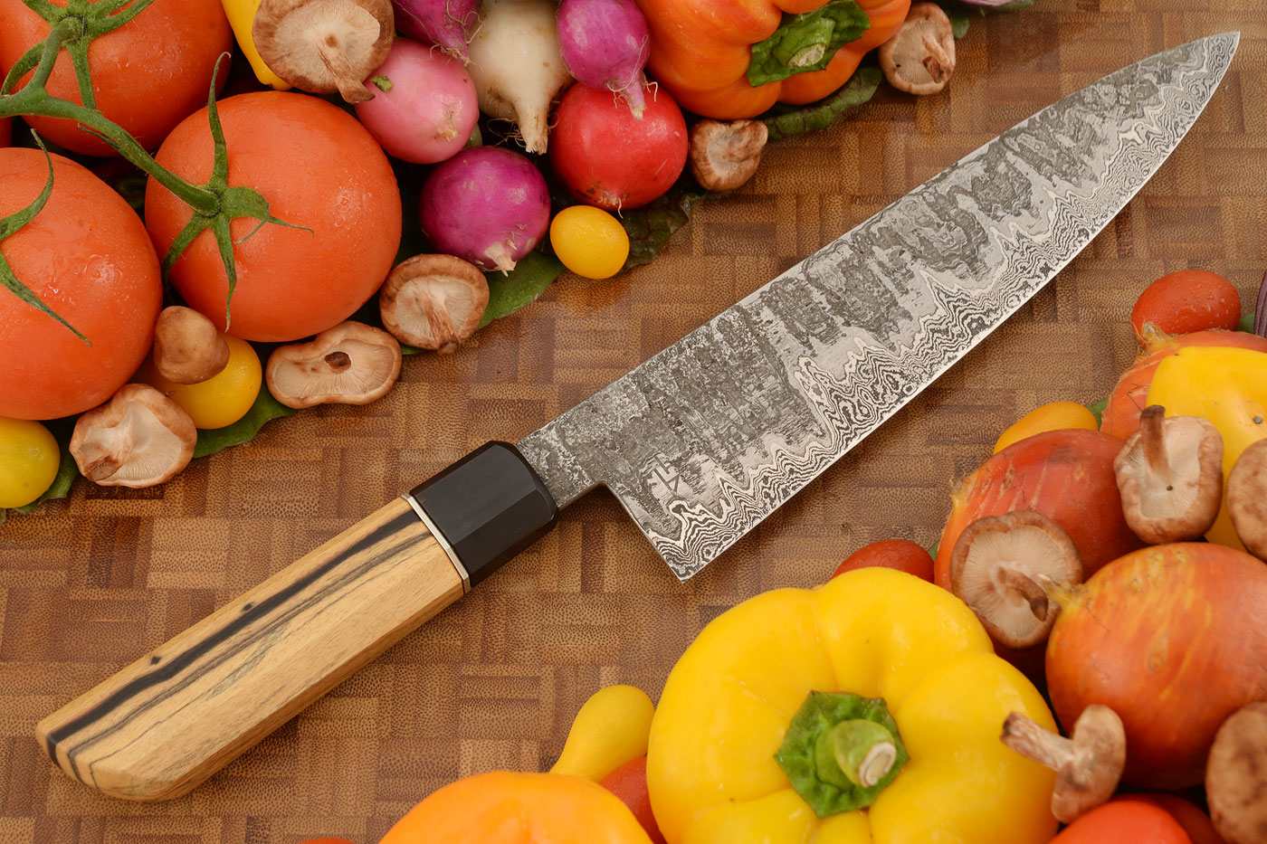 Damascus San Mai Chef's Knife (Gyuto) with Black and White Ebony (8-1/2 in.)