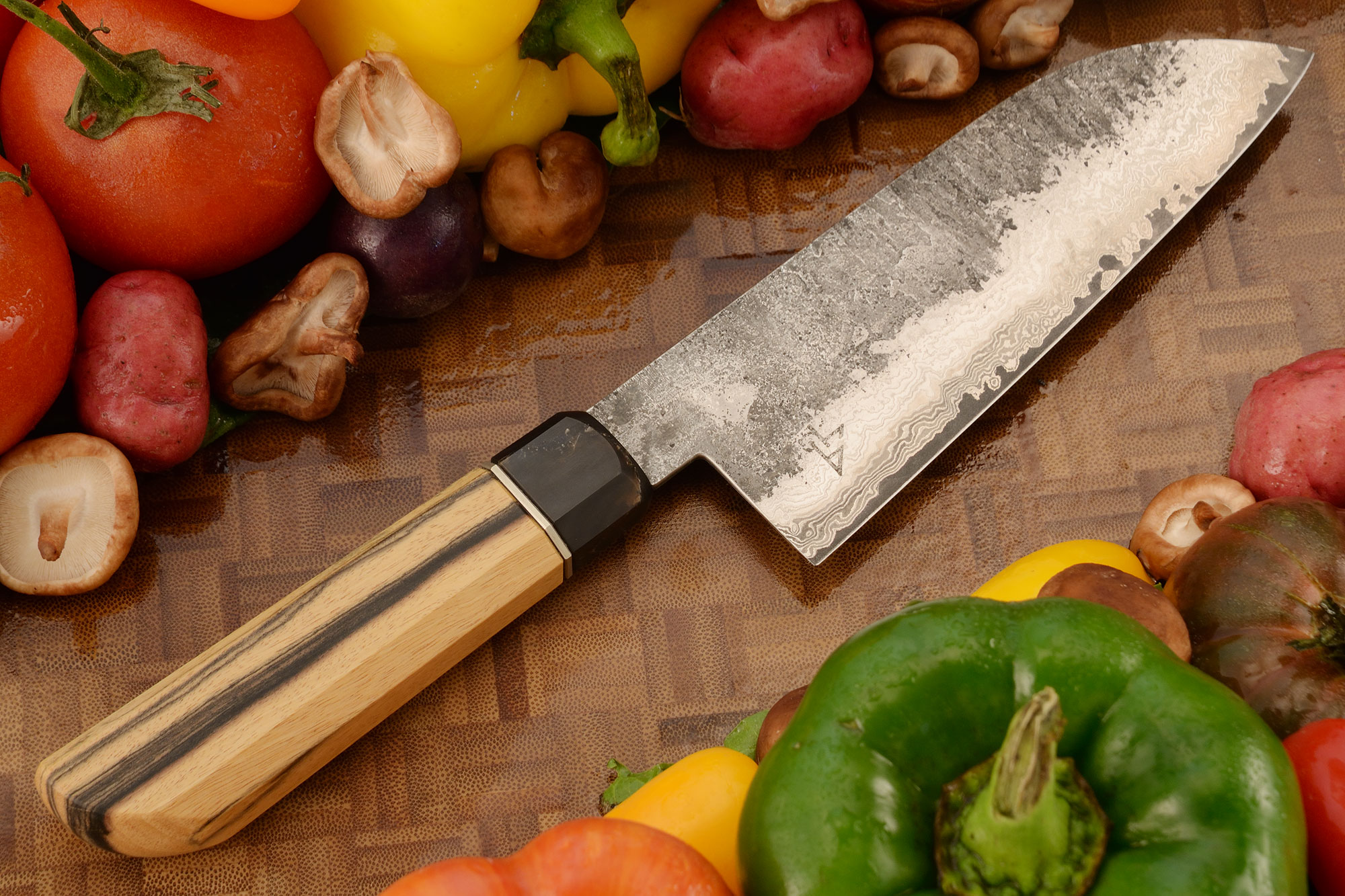 Stainless Damascus San Mai Chef's Knife (Santoku) with Black and White Ebony (6 in.)