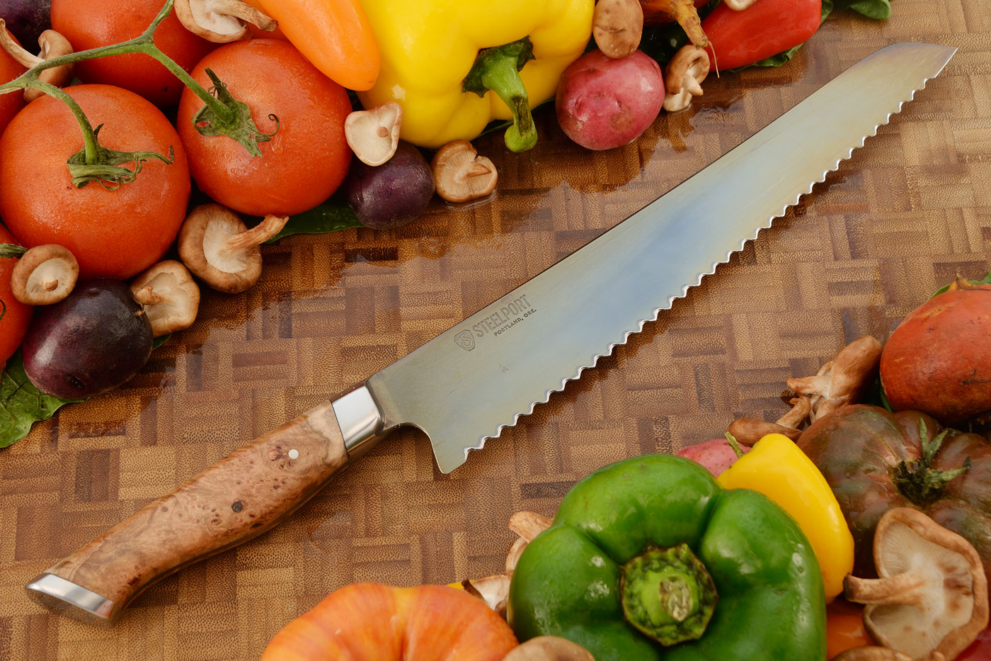 Forged Bread Knife with Bigleaf Maple Burl (10