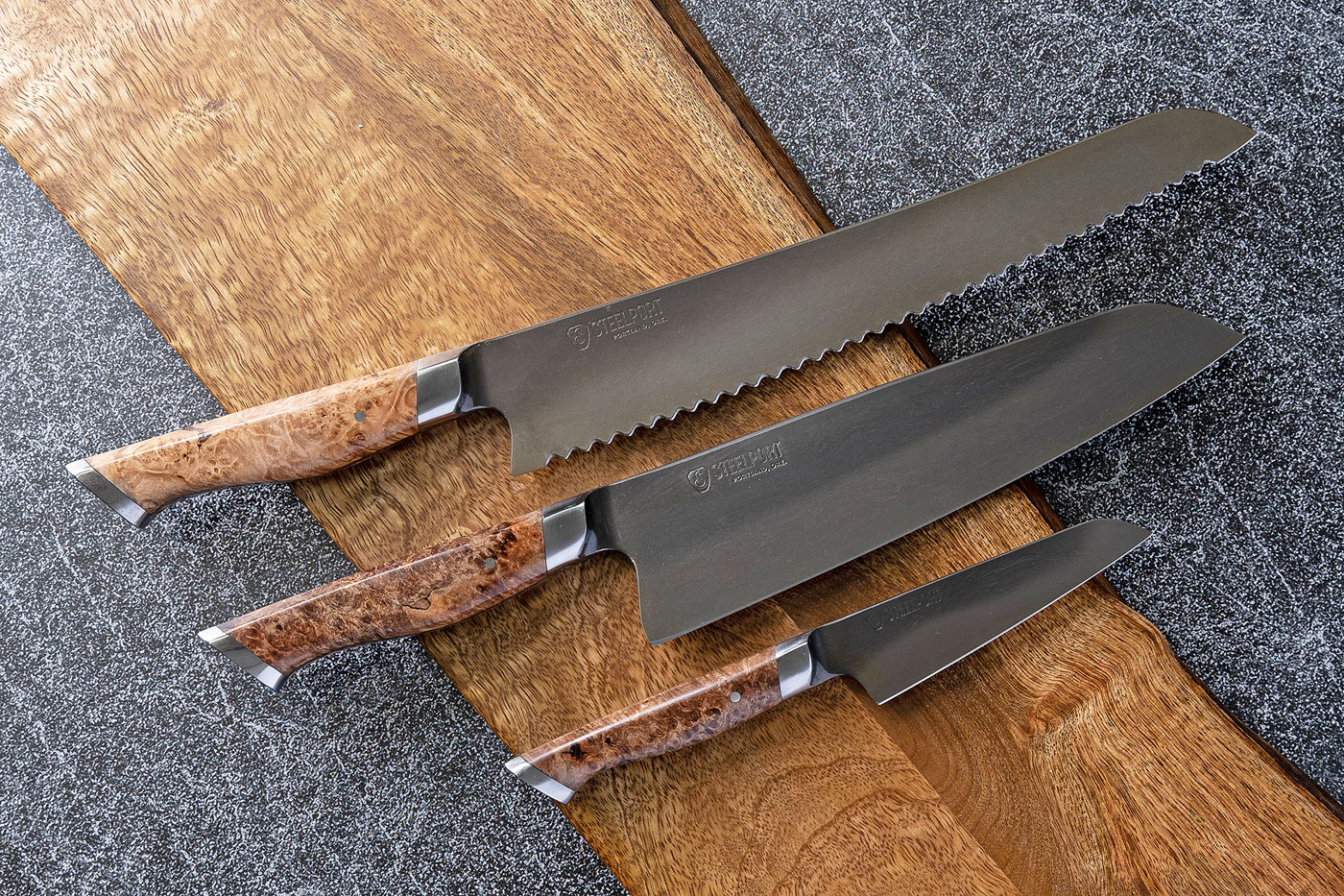 Three Knife Gift Set - Chef Knife (8 in.), Parer (4 in.), Bread Knife (10 in.) with Bigleaf Maple Burl - 52100 Carbon Steel