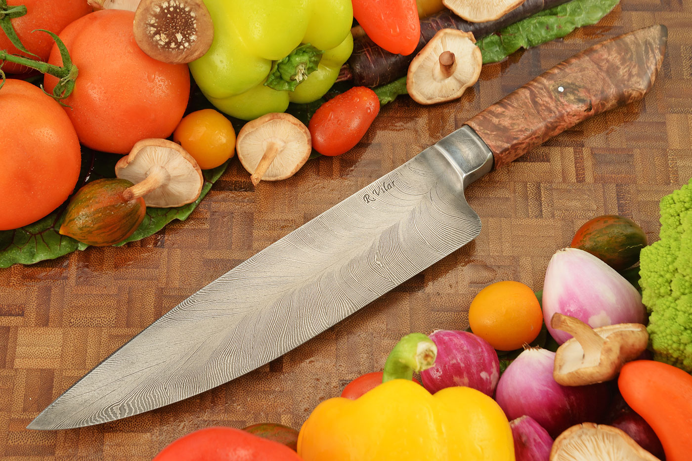 Feather Damascus Chef's Knife with Maple Burl (8-1/4 in.)