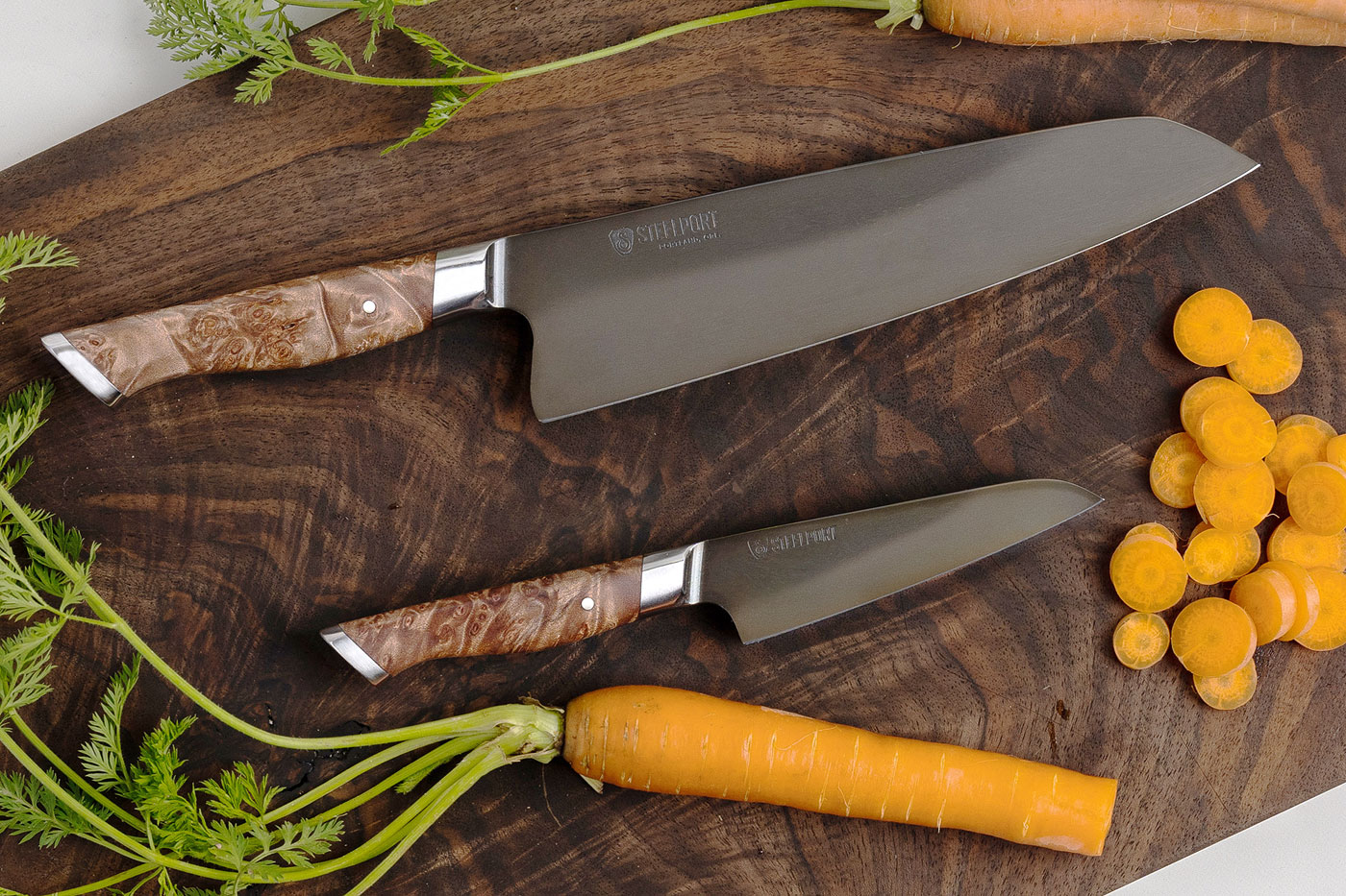 Two Knife Gift Set - Chef Knife (8 in.) and Parer (4 in.) with Bigleaf Maple Burl - 52100 Carbon Steel