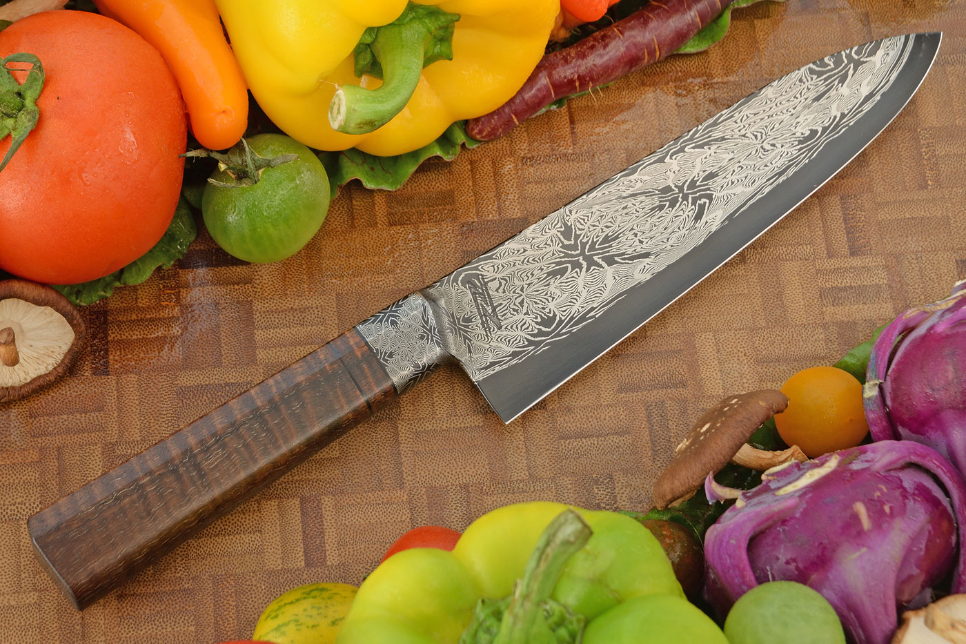 Integral Mosaic Damascus Chef's Knife (Gyuto) with Curly Koa (6-2/3 in.)