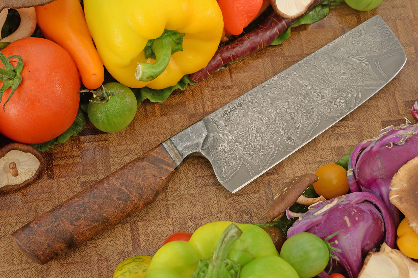 Integral Mosaic Damascus Nakiri (6-1/3 in.) with Mesquite Burl and Wrought Iron