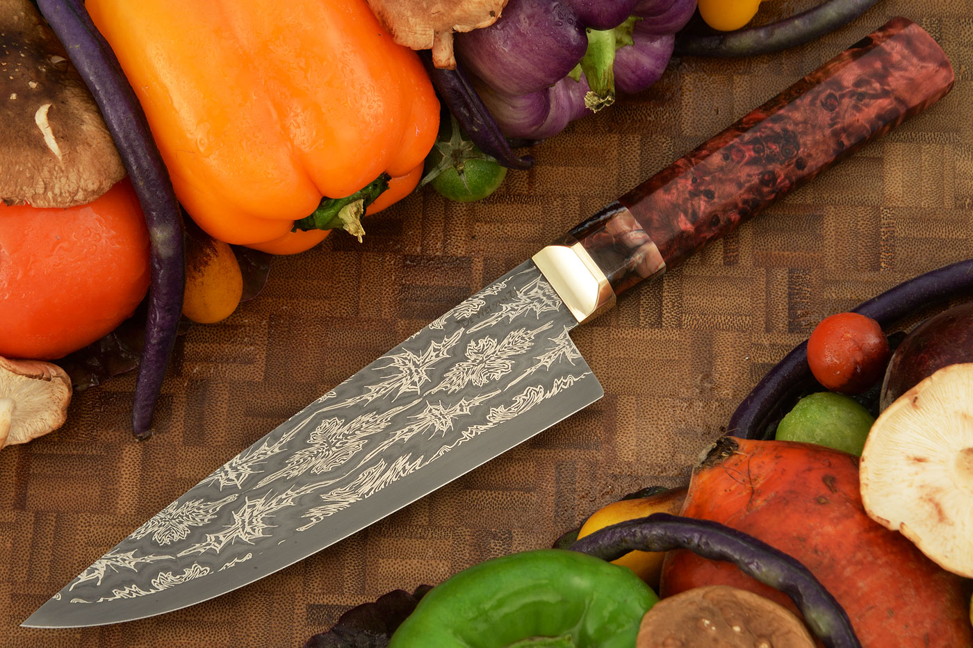 Damascus Chef's Knife with Maple Burl and Mammoth Molar (6-1/4 in)