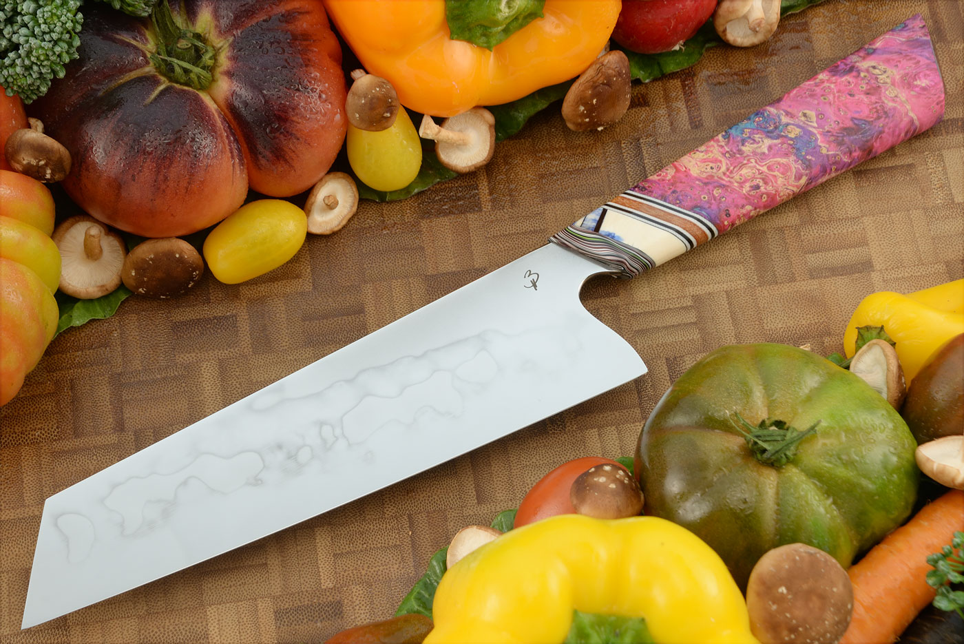 Honyaki Chef's Knife (Bunka) with Maple Burl, Mammoth Ivory and Fordite