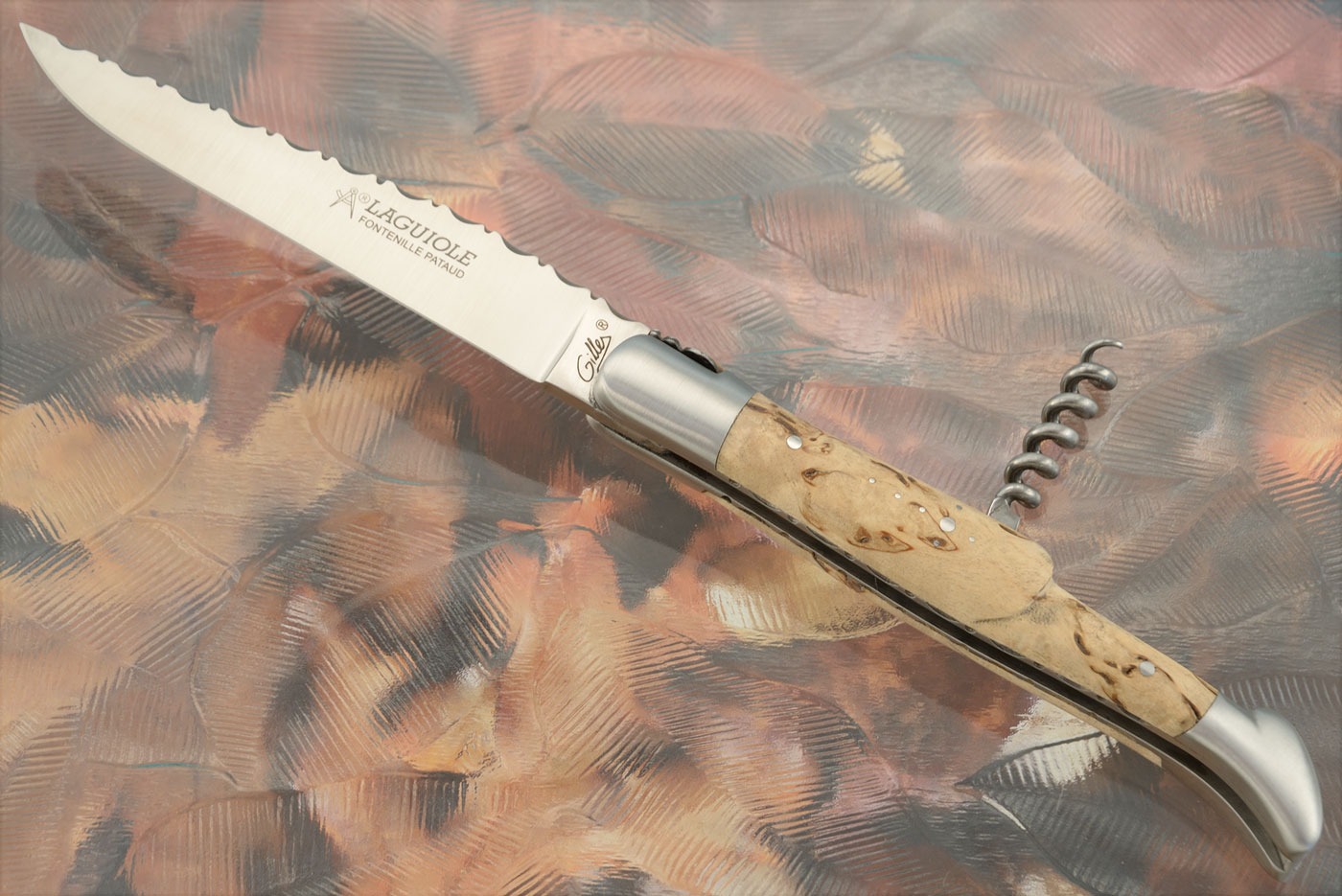 Laguiole Guilloché Picnic Knife with Corkscrew, Masur Birch