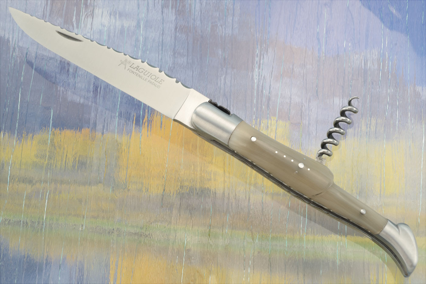 Laguiole Guilloché Picnic Knife with Corkscrew, Horn Tip