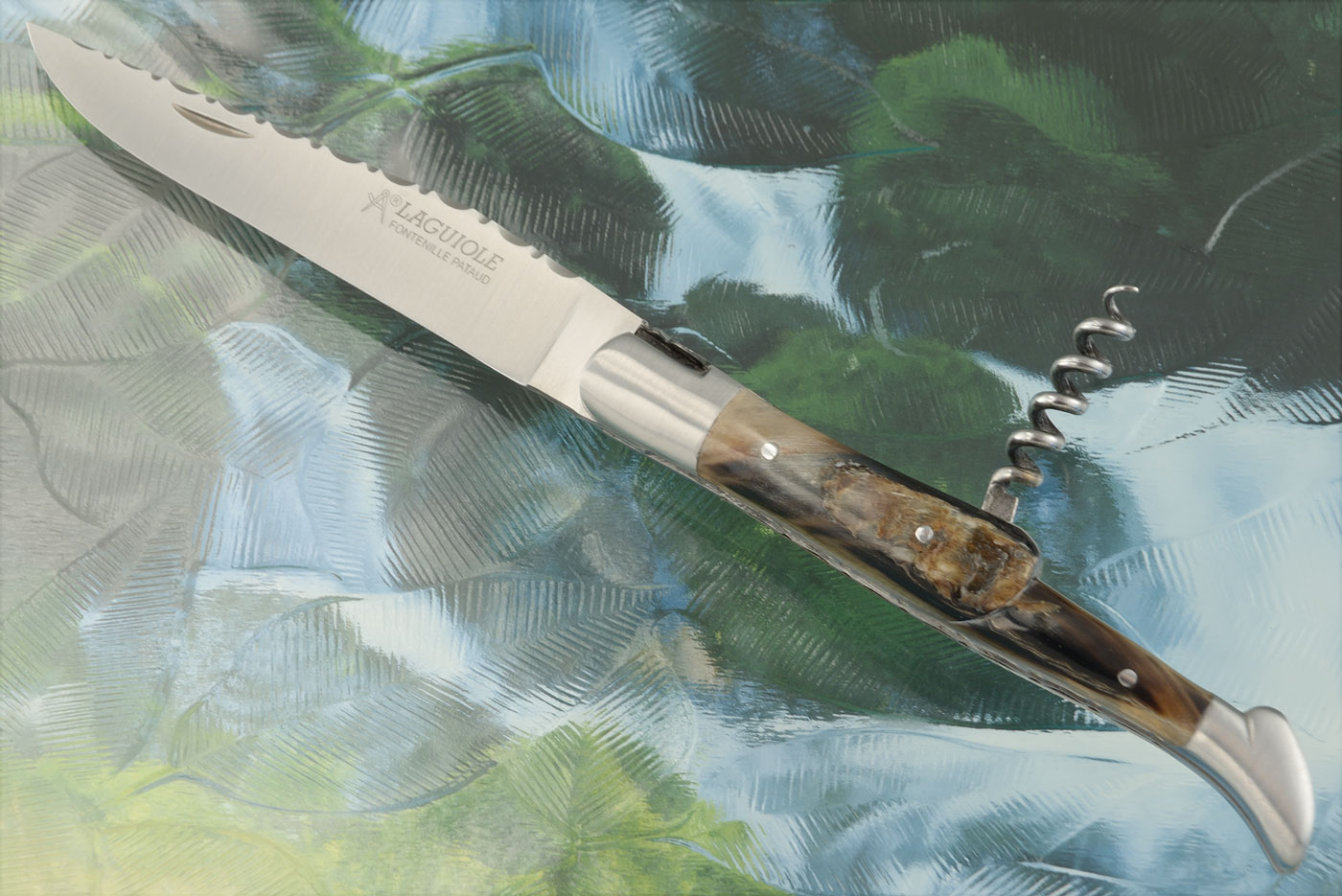 Laguiole Guilloché Picnic Knife with Corkscrew, Ram's Horn