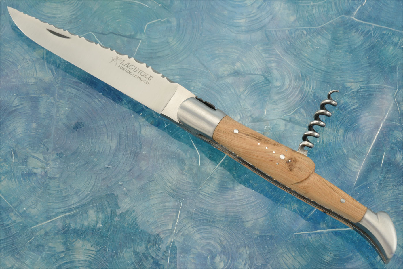 Laguiole Guilloché Picnic Knife with Corkscrew, Olivewood