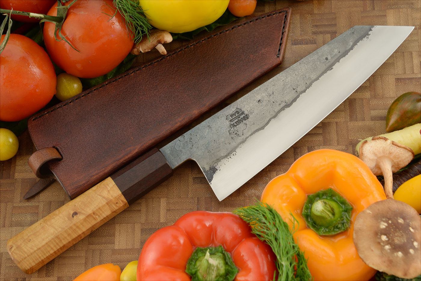 Chef's Knife (Bunka) with Sneezewood and Rhodesian Teak (8 in.) - 1095 Carbon