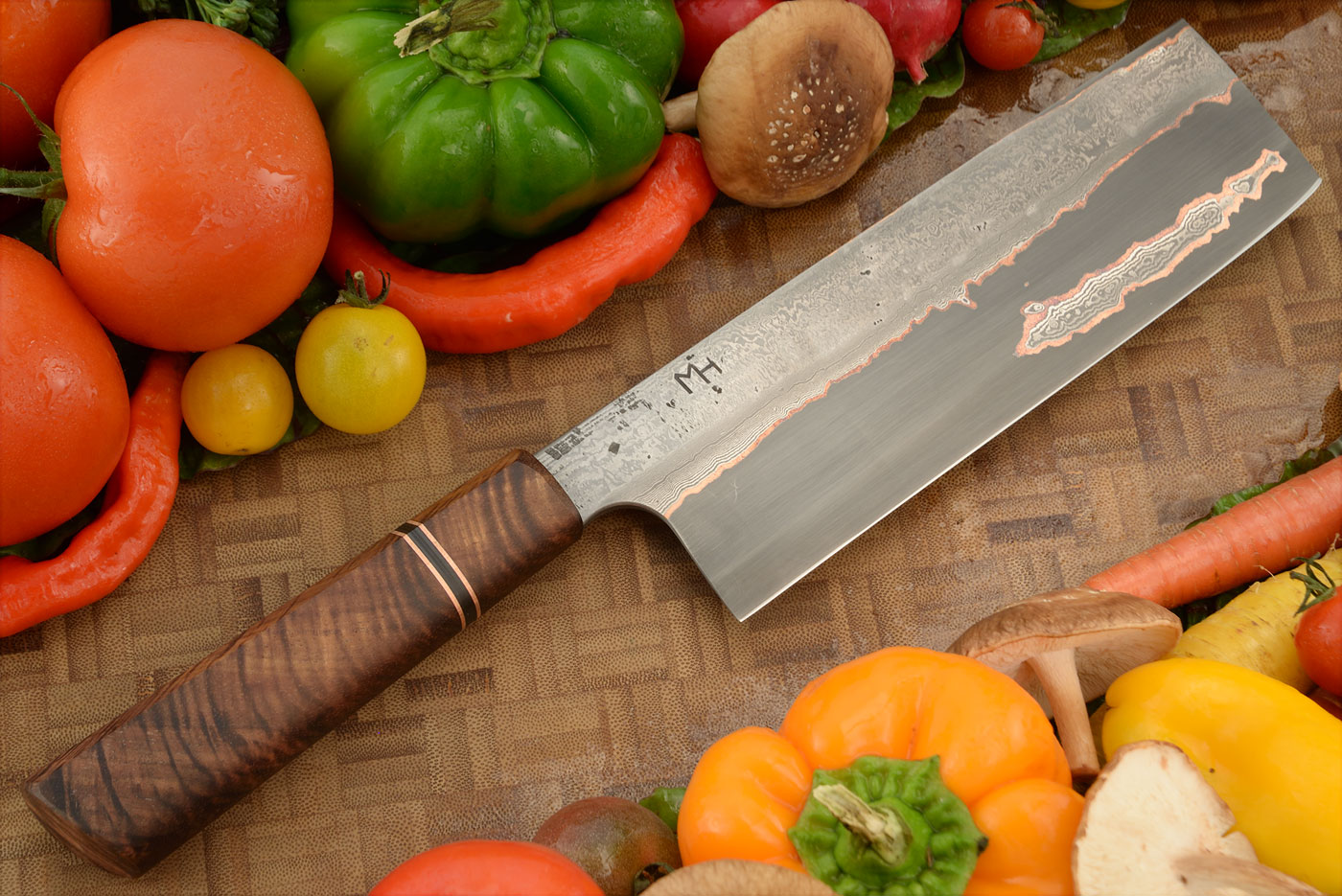 Copper Damascus San Mai Nakiri (7-1/2 in.) with Curly Koa