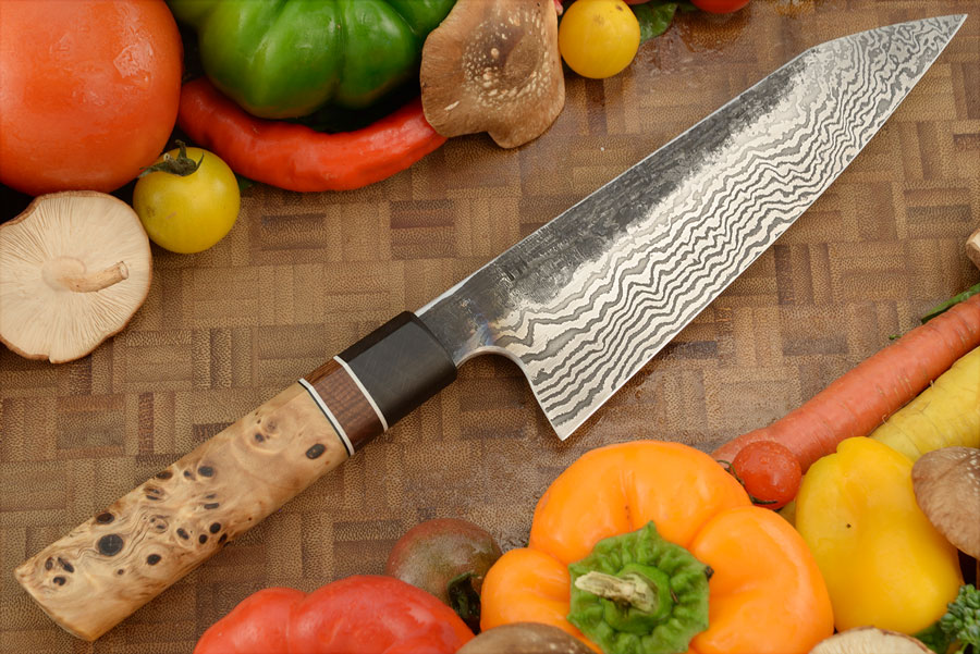 Damascus Chef's Knife - Bunka (7 in.) with Poplar Burl, Ringed Gidgee, and Bog Oak