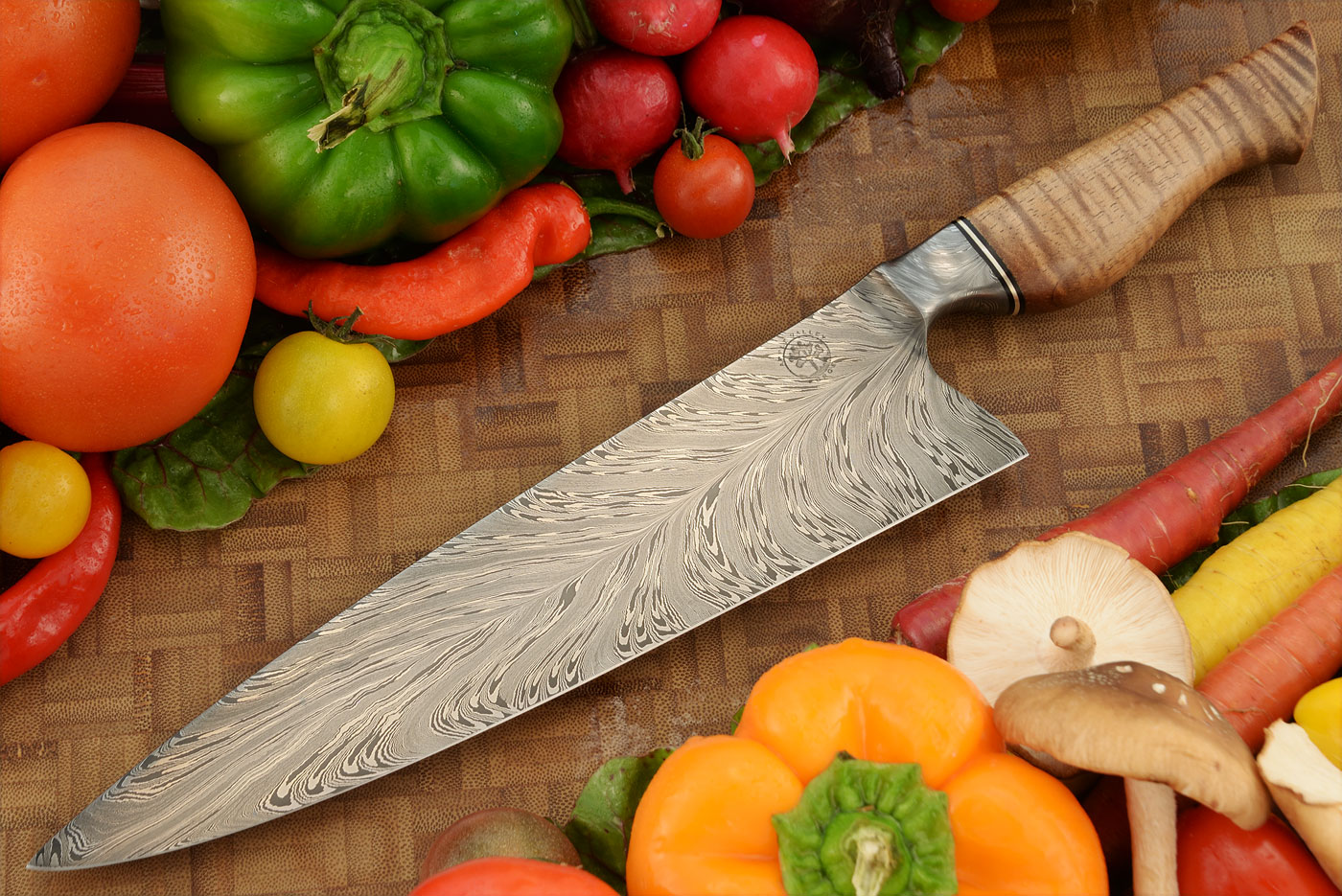 Integral Peacock Feather Damascus Chef's Knife (9-1/8 in.) with Curly Koa