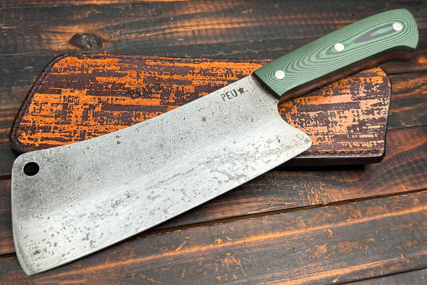 Meat Cleaver with Green/Black Micarta and O2 Carbon Steel